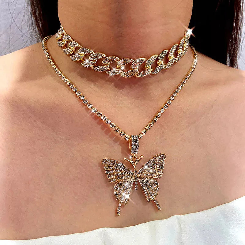 New Jewelry Exaggerated Full Diamond Double Chain Cuban Chain Butterfly Pendant Necklace