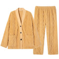 Factory Women Winter Cardigan Pajamas Sets Simple Solid Brown Buttoned Opening Luxury Coral Fleece Thermal Elastic Waist Long