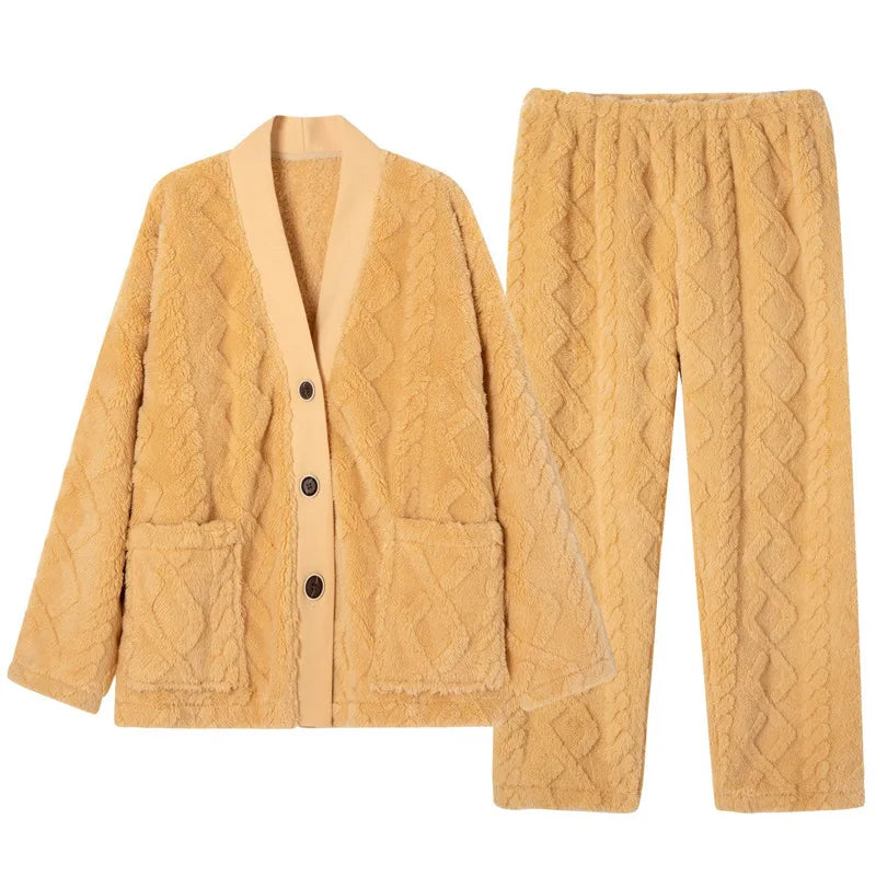 Factory Women Winter Cardigan Pajamas Sets Simple Solid Brown Buttoned Opening Luxury Coral Fleece Thermal Elastic Waist Long