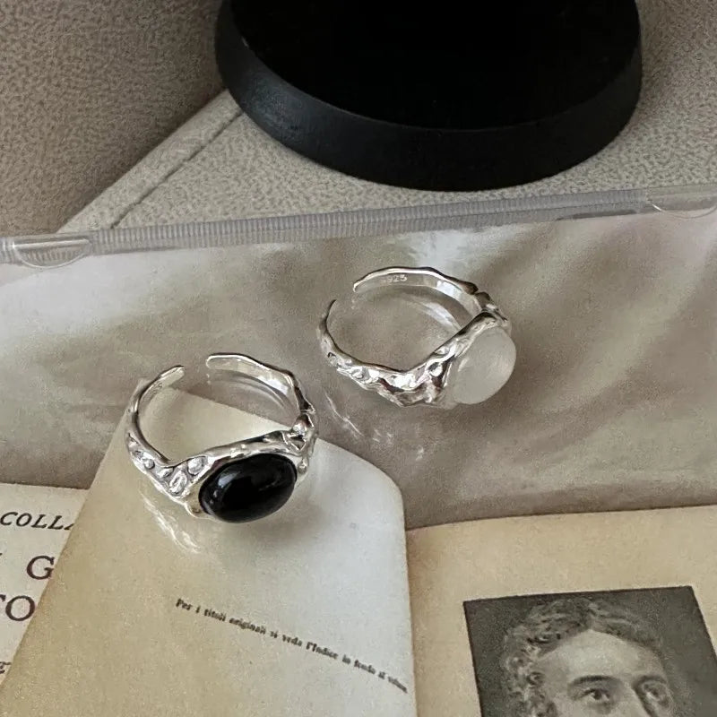 Fashion New 925 Sterling Silver Black White Agate Texture Rings for Birthday Gifts
