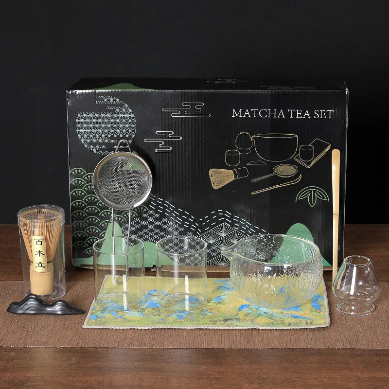 Custom Logo Package Matcha Tea Set Double Wall Glass With Spout OEM Matcha Set Gift Box