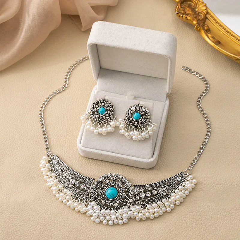 Vintage Turquoise Choker Pendant Necklace Earring Gold Plated Water Drop Rhinestone Crystal Tassel Necklace Earrings Set
