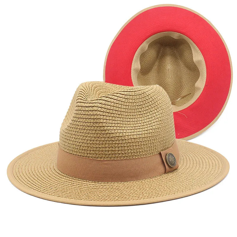 Ready to Ship Men's and Women's Wide Brim Fedora Hats Red Bottom Panama Summer Beach Straw Sun Hat UPF50+ for Travel