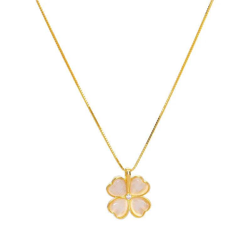 Women Lucky Jewelry Necklace Gold Plated 925 Sterling Silver Zircon Heart Shape Four Leaf Clover Charm Pendant Necklace