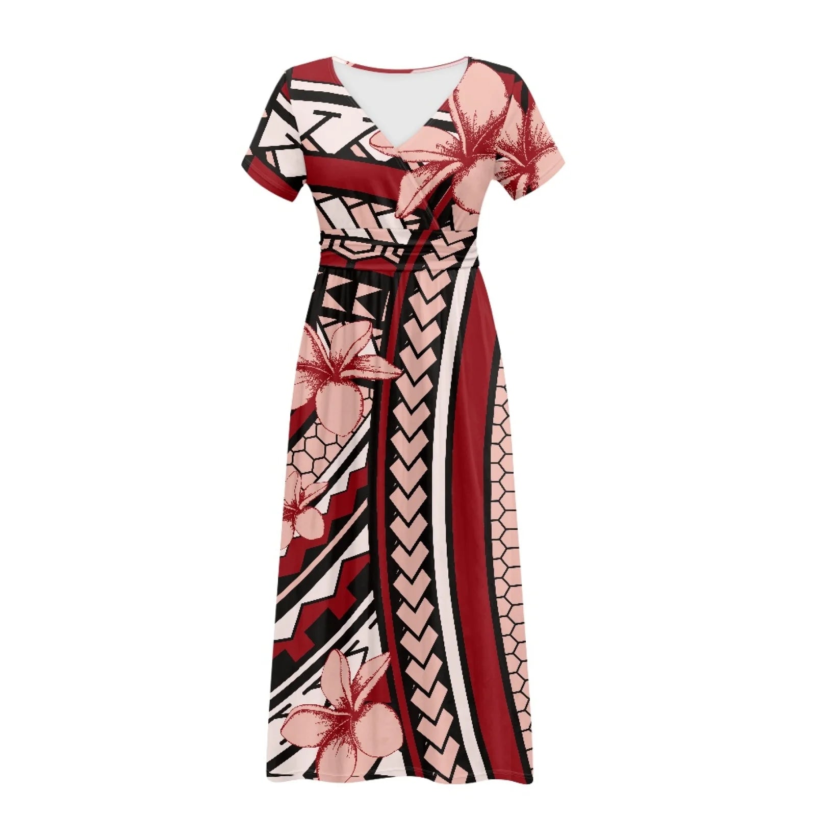 Polynesian Clothes 2025 Women's Spring Summer Boho Floral Print V-Neck Faux Wrap Maxi Dress for Wedding Guest Graduation Party