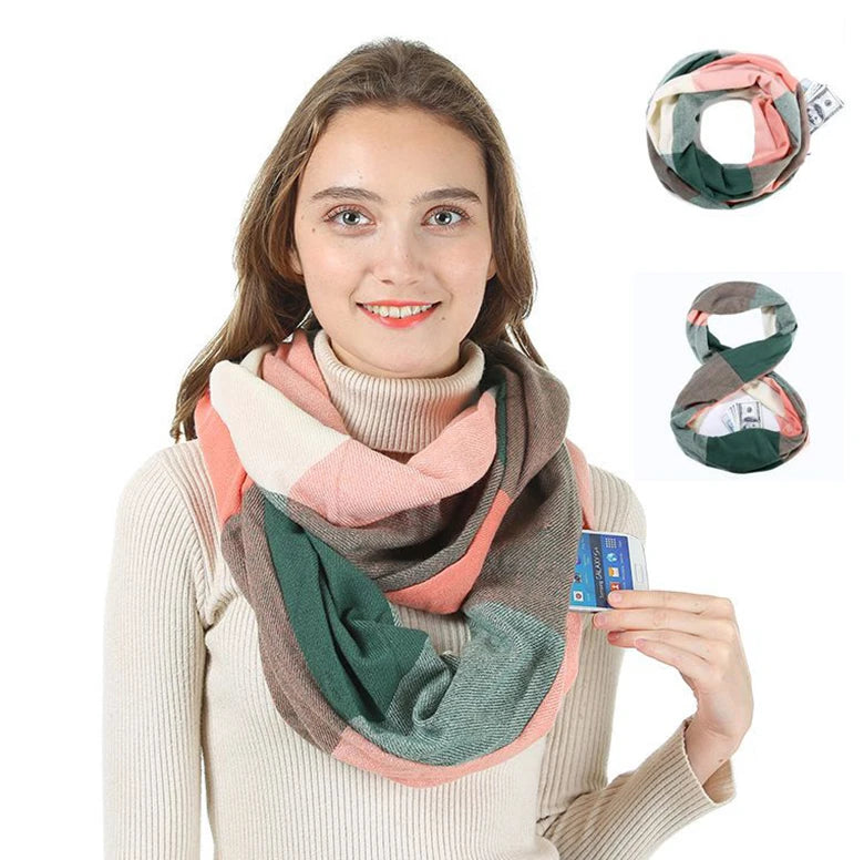 Women Winter Cashmere Plaid Infinity Loop Travel Scarf With Zipper Pocket Phone Neckerchief Scarves