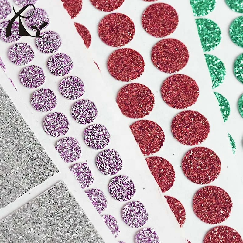 Custom Self-Adhesive Glitter Fine Powder PU Leather Fabric Garments Decoration Blind Box Doll Sticker Cutting Pieces