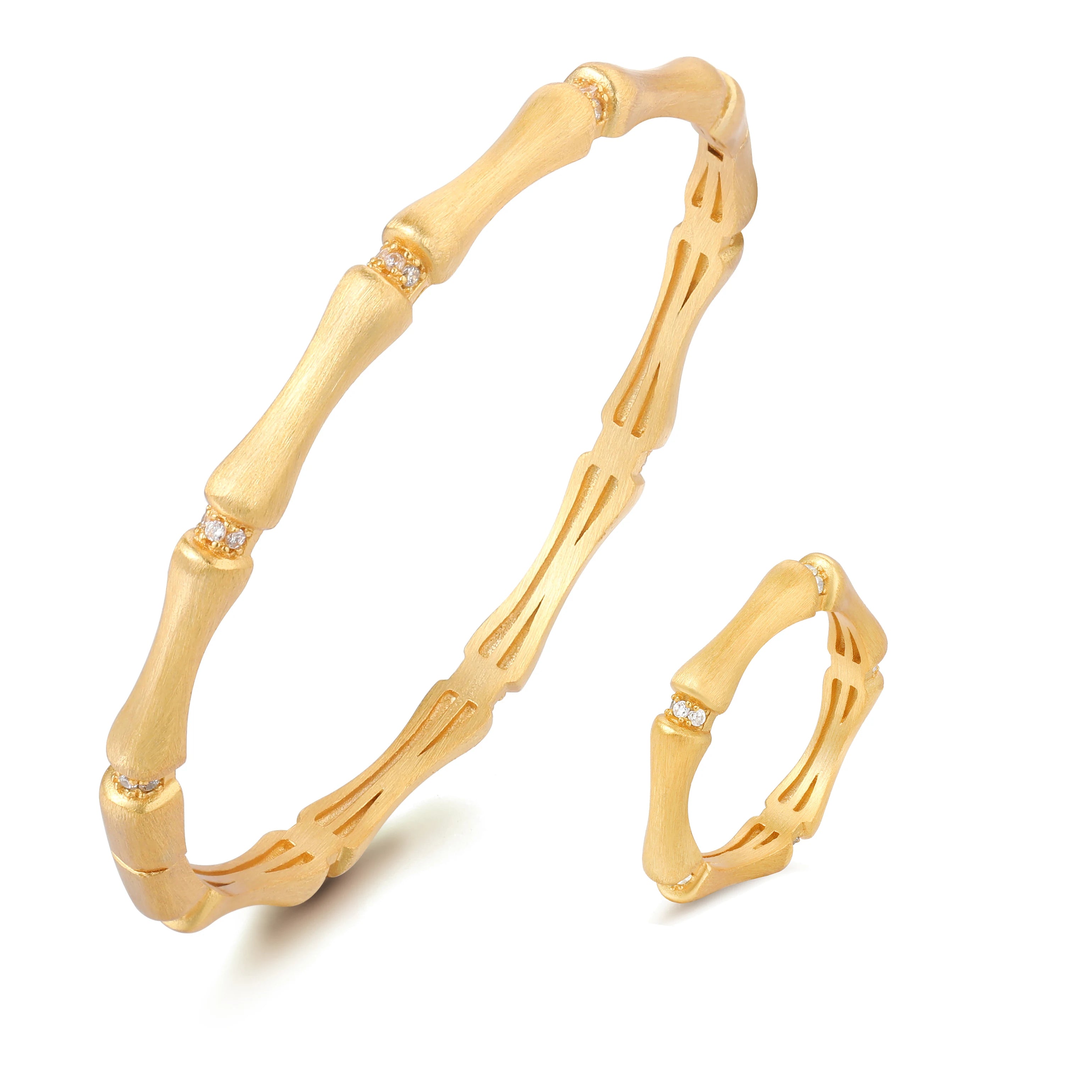 Fashion Retro Brass Electroplated Gold Bamboo Diamond Brushed Bracelets Rings Women Jewelry Sets Factory Wholesale