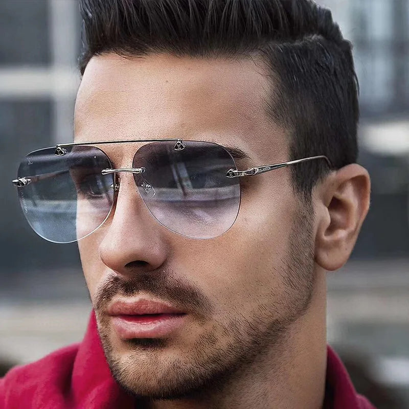 Vintage Alloy Aviation Pilot Designer Rimless Sunglasses Mens River Sun Glasses