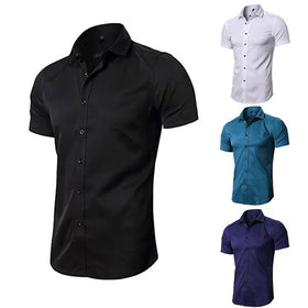 Wholesale Customized Logo Label Stretch Elastic Shirt Men Short Sleeve Casual Formal Shirt for Men