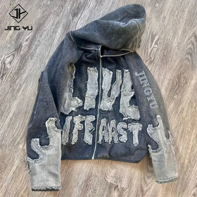 Custom Manufacturer Heavyweight Thick Distressed Embroidery Applique Patch Vintage Women Men Cropped Acid Washed Zip up Hoodie