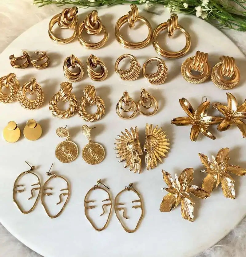 Fashion Jewelry Vintage Gold Plated Flower Face Twisted Brass Chunky Earrings Hoop