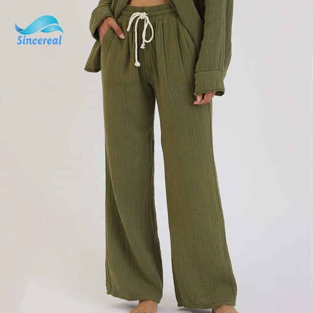 Customized Summer Breathable Bubble Gauze Cotton Wide-leg Pant Drawstring Candy Color Ladies Summer Soft Cotton Wide-leg Pants