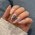 3872 Chic White Glittering Black Butterfly Design Short Almond False Nail Press on Nail Artificial Fingernails Customize