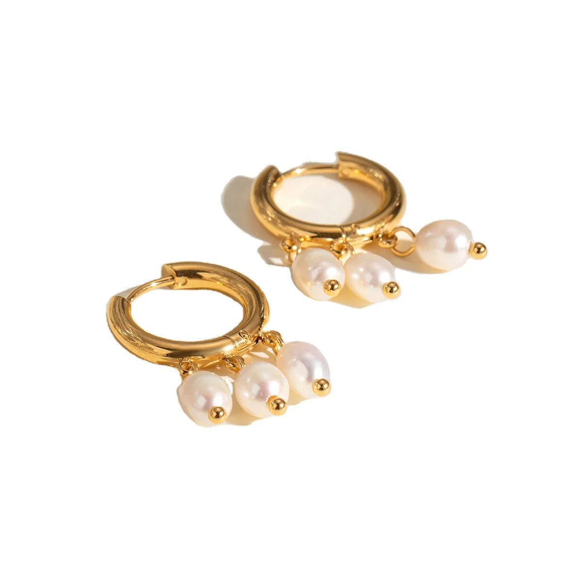 J&D Fashion Jewelry Pearls Earrings 18K Gold Plated Stainless Steel Three Freshwater Pearl Hoop Earring for Women