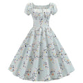Vintage Floral Print Women's Summer Dress Puff Sleeve Elegant A-line Midi Party Chic Clothing