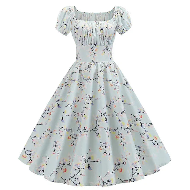 Vintage Floral Print Women's Summer Dress Puff Sleeve Elegant A-line Midi Party Chic Clothing