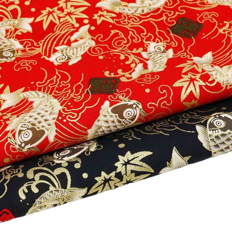 Japan Koi Lightweight 100% Cotton Spandex Poplin Fabric Gold Foil Print and Crepe Pattern Stretchy Plain Weave for Girls