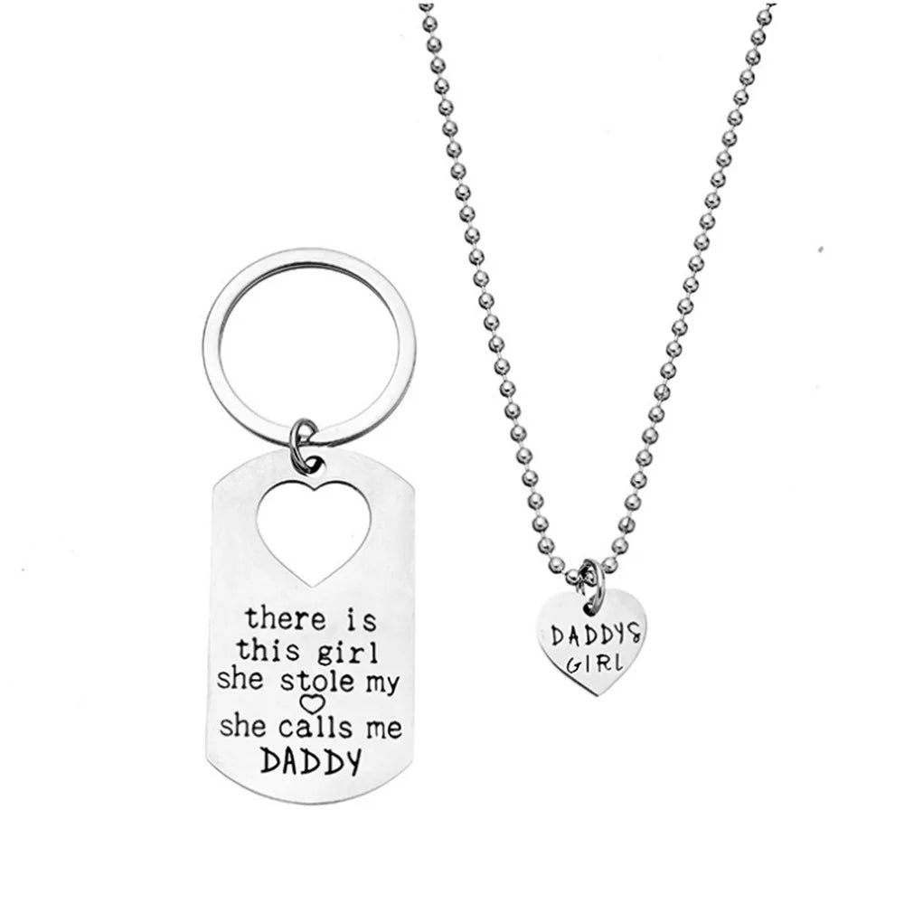 SC Hot Sale Lettering Sliver Heart Necklace Father's Day Gift Necklace Daddy's Girl Necklace Keychain Set for Men Girls