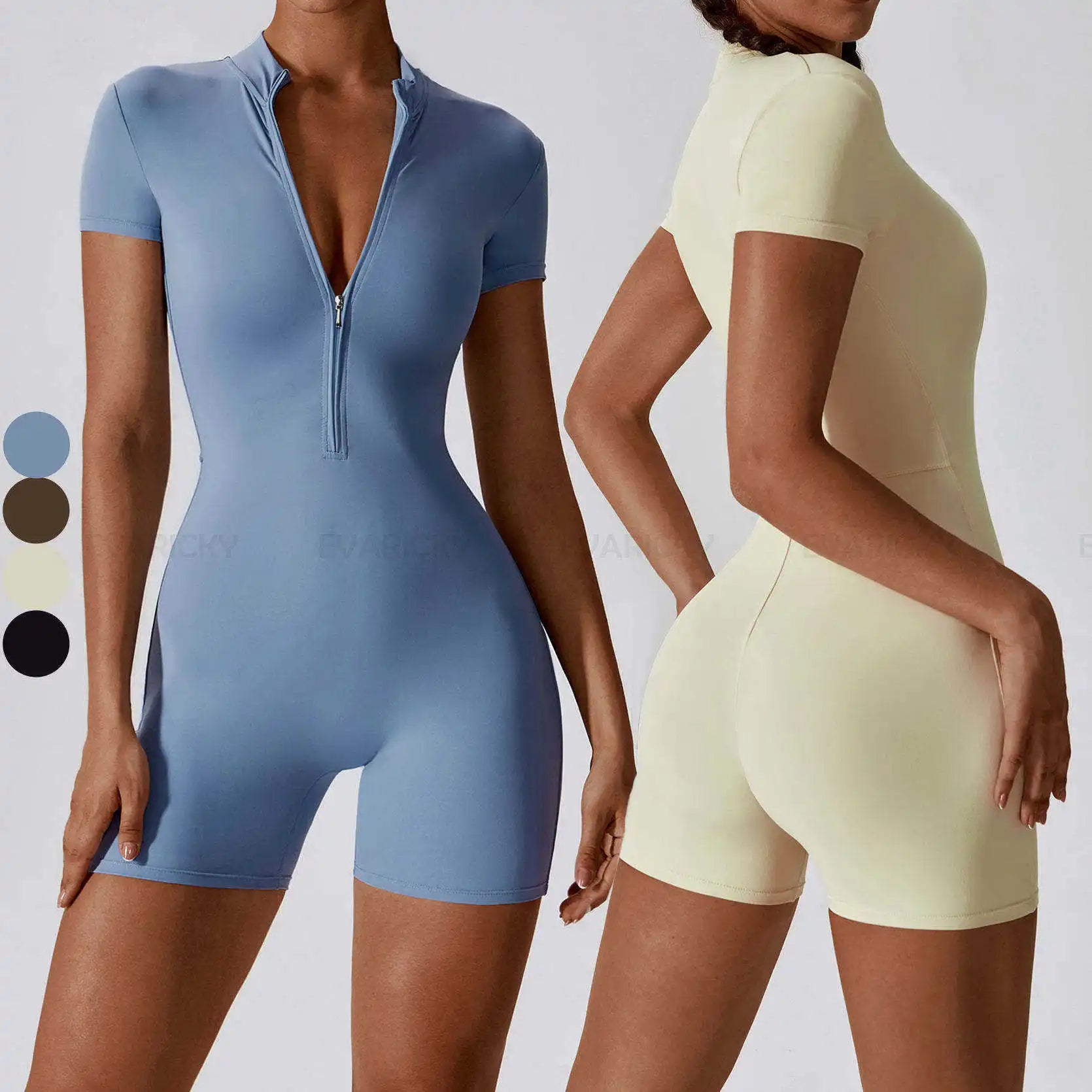 Custom Logo One Piece Fitness Short Sleeve Jumpsuit Summer Half Zip up Workout Activewear  Sport Yoga Jumpsuit