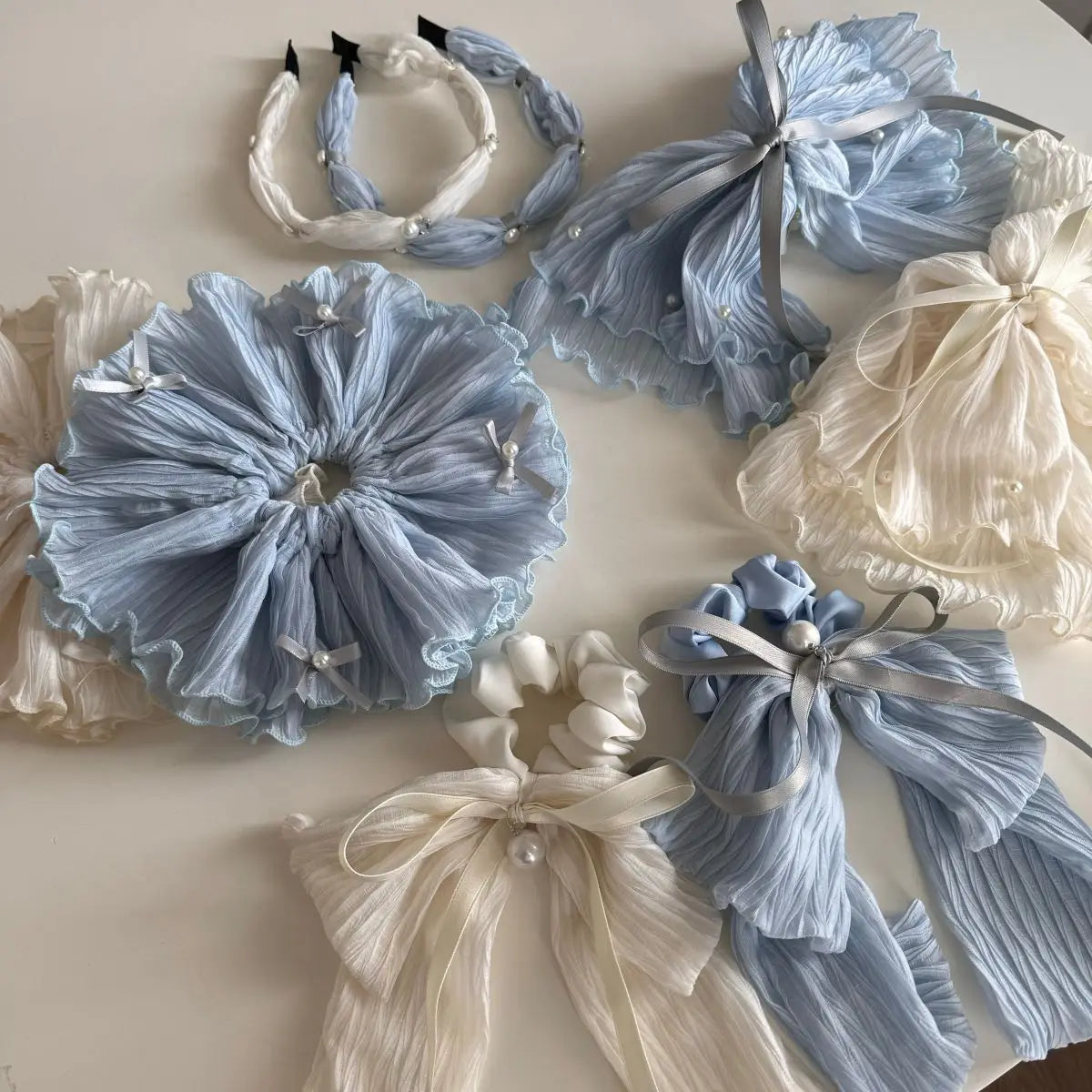 24cm Wedding Hair Scrunchie with Design White Blue Scrunchies Hair Ties