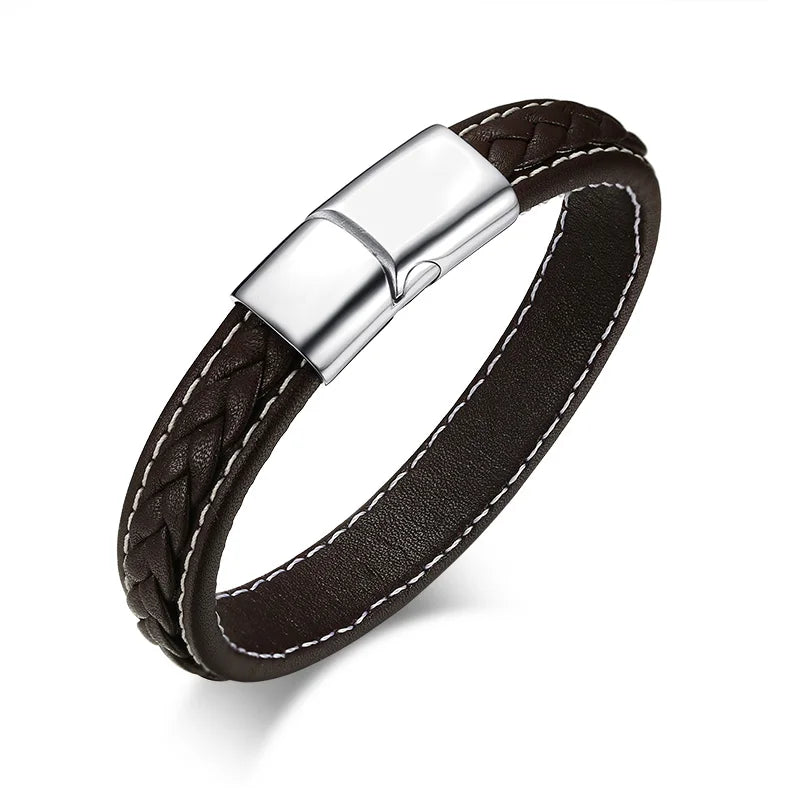 Custom Brand LOGO New Engraved Genuine Leather Material Metal Micro Fiber Leather Bracelet with Magnetic for Men