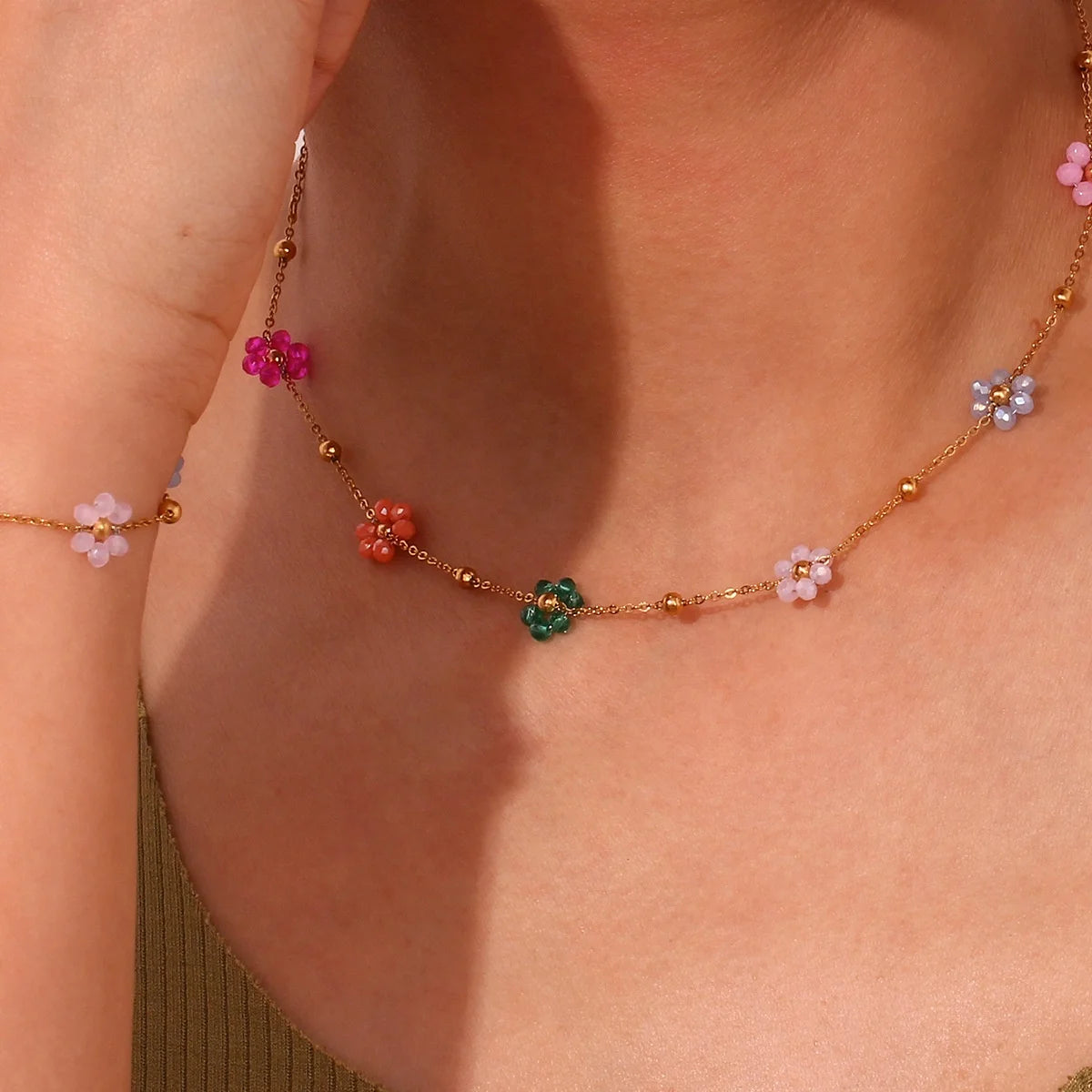 Summer Wholesale Waterproof 18K Gold Plated Stainless Steel Jewelry Sets Flower Chain Choker Necklace for Women