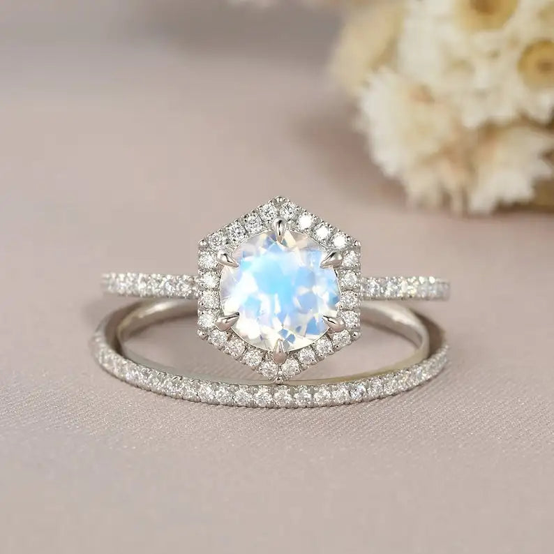 925 Sterling Silver Jewelry Hexagon Natural Moonstone Moonstone Dainty Ring Set
