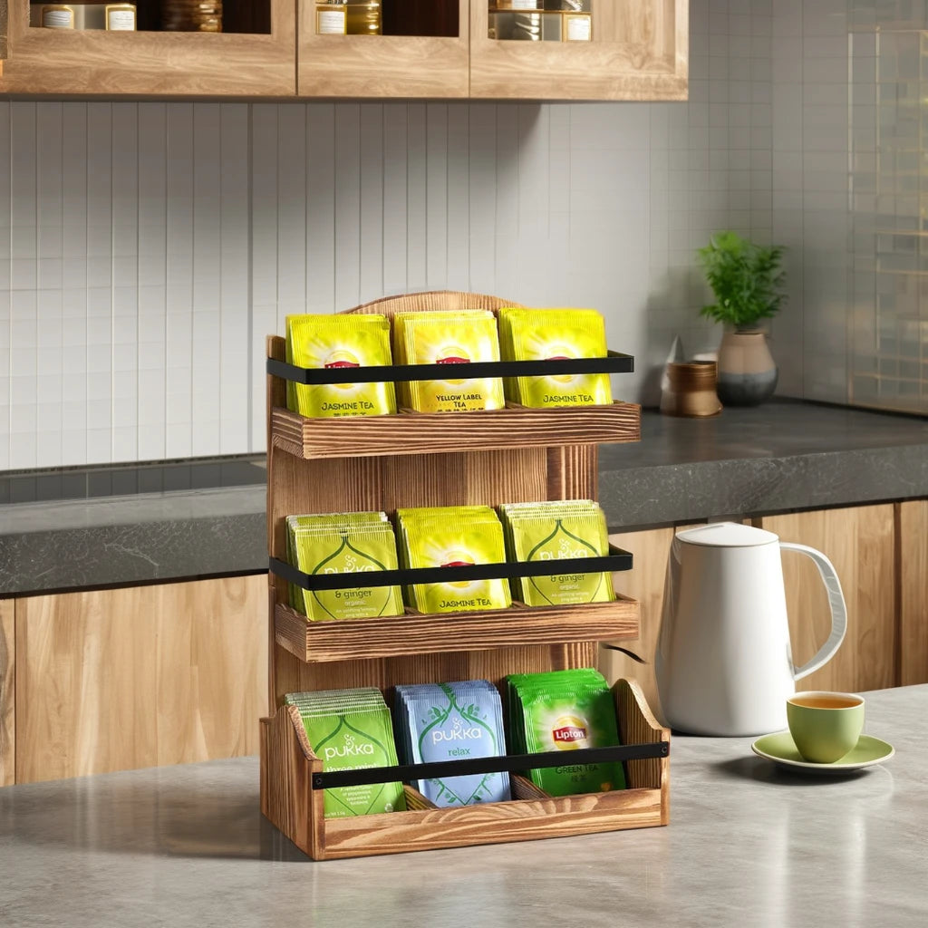 Modern Three-layer Counter Wooden Storage Non-folding Tea Stand Bag Rack with Box Suitable for Kitchen Home Display Rack