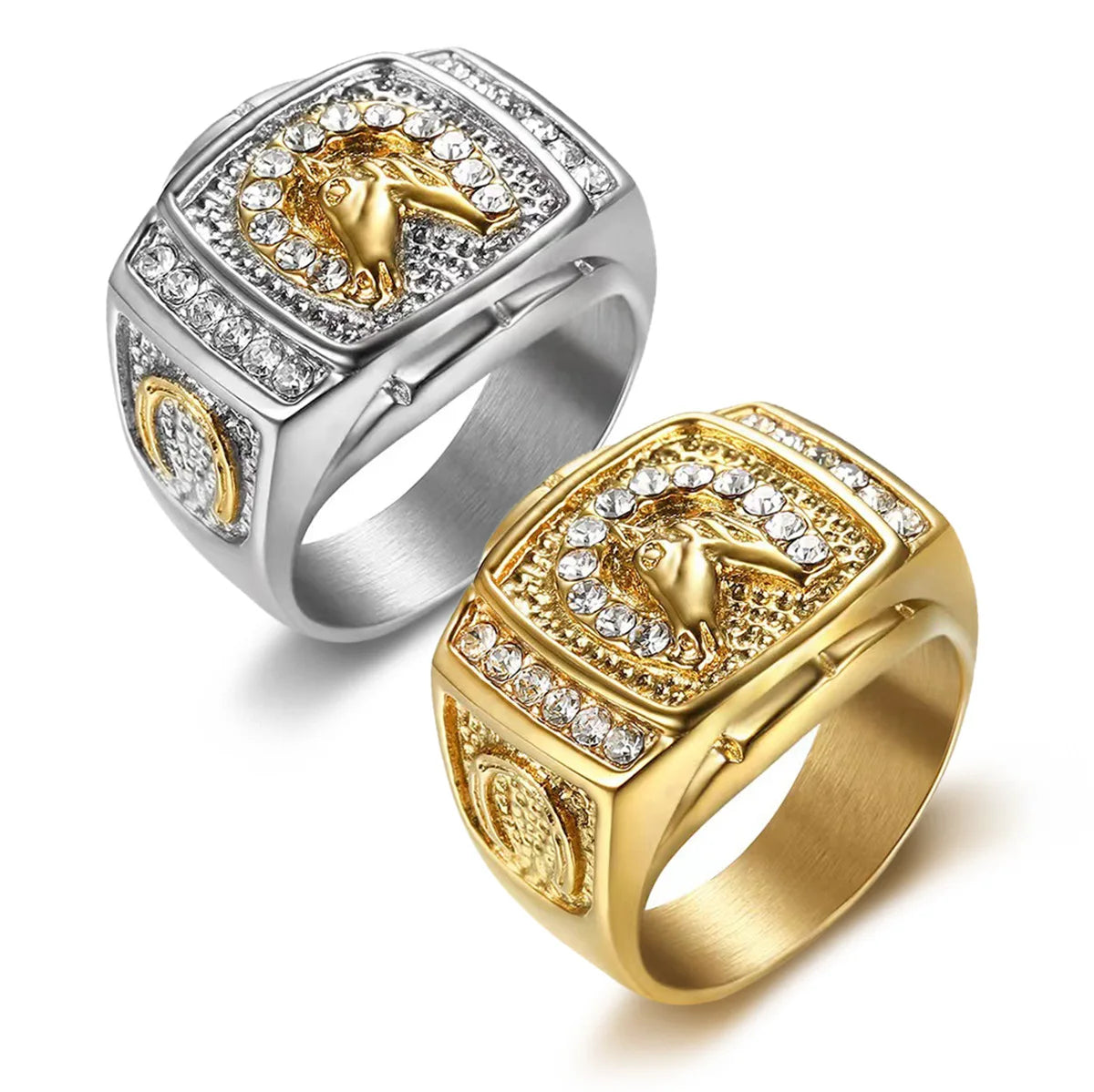 New Design Hip Hops Religious Square Stainless Steel Zircon Ring Jewelry Silver Gold Tone Horse Head Pattern Mens Rings