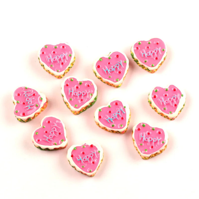 100pcs Lovely Happy Birthday Cake Shape Heart Resin Cabochons DIY Accessories Flatback Scrapbook Kawaii Crafts Embellishments