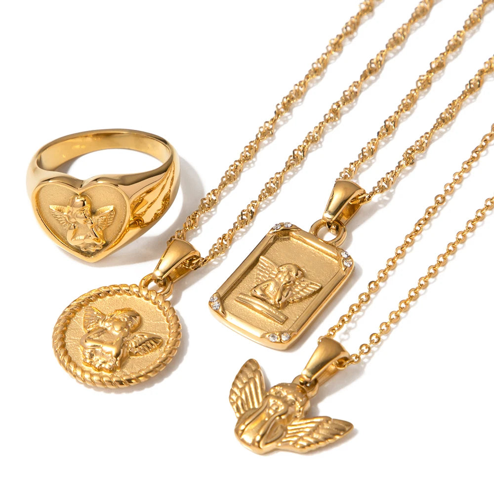 J&D Custom 18K Gold Plated Stainless Steel Vintage Chain Necklace Angel Pendant Necklace and Ring Sets