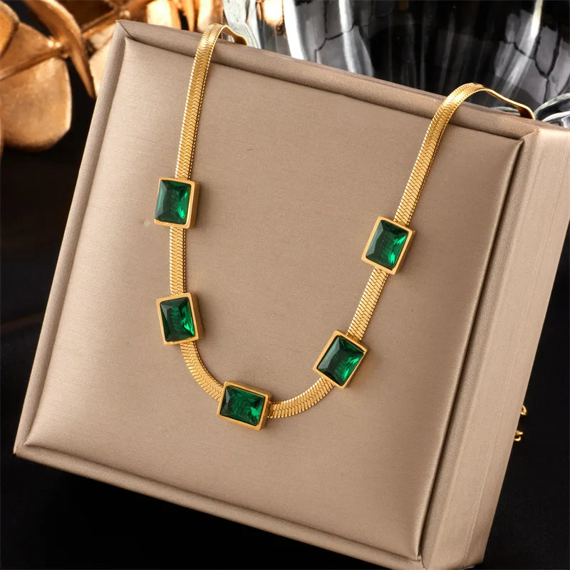 Nabest Stainless Steel Rectangle Emerald Necklaces Women Gold Plated Tarnish Free Cubic Zirconia Clavicle Choker Jewelry