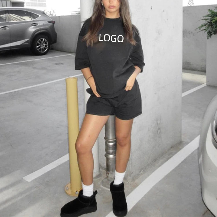 Streetwear 100% Cotton Shirt Sleeve Tracksuit Set Custom logo Oversize Crewneck T Shirt and Short Set Women