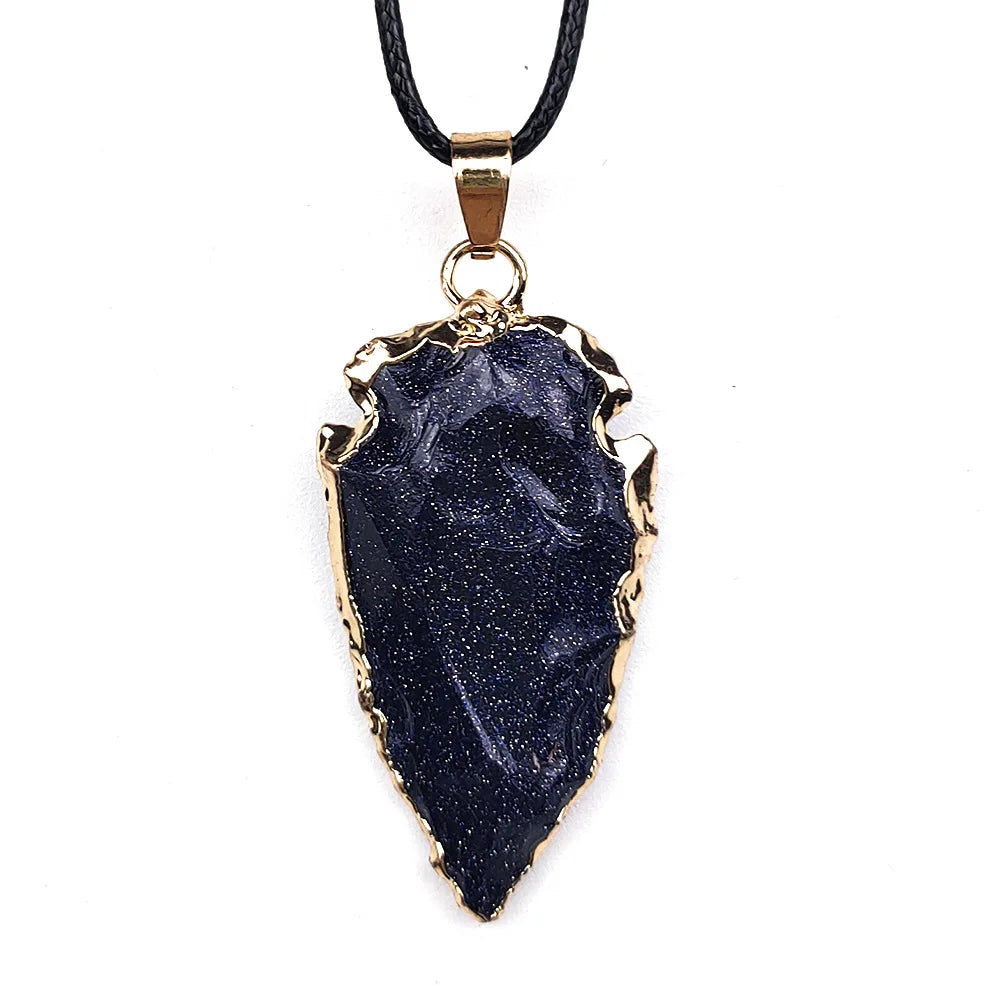 2026 Wholesale Stone Blue Sand Stone Arrowhead Gold Electroplated Edge Pendant Charm Pendant Stone Pendants
