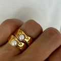 New Style Dainty Stacking Irregular Lava Shape Pearl French 18K PVD Gold Plated Stainless Steel Ring Jewelry