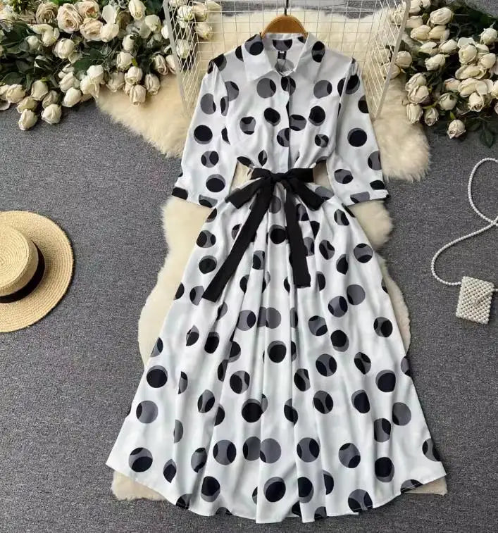 LW0742 Niche Elegant Dress Women 2025 New Lace-Up Waist Polka Dot Print Shirt Dress Casual Women'S Dresses