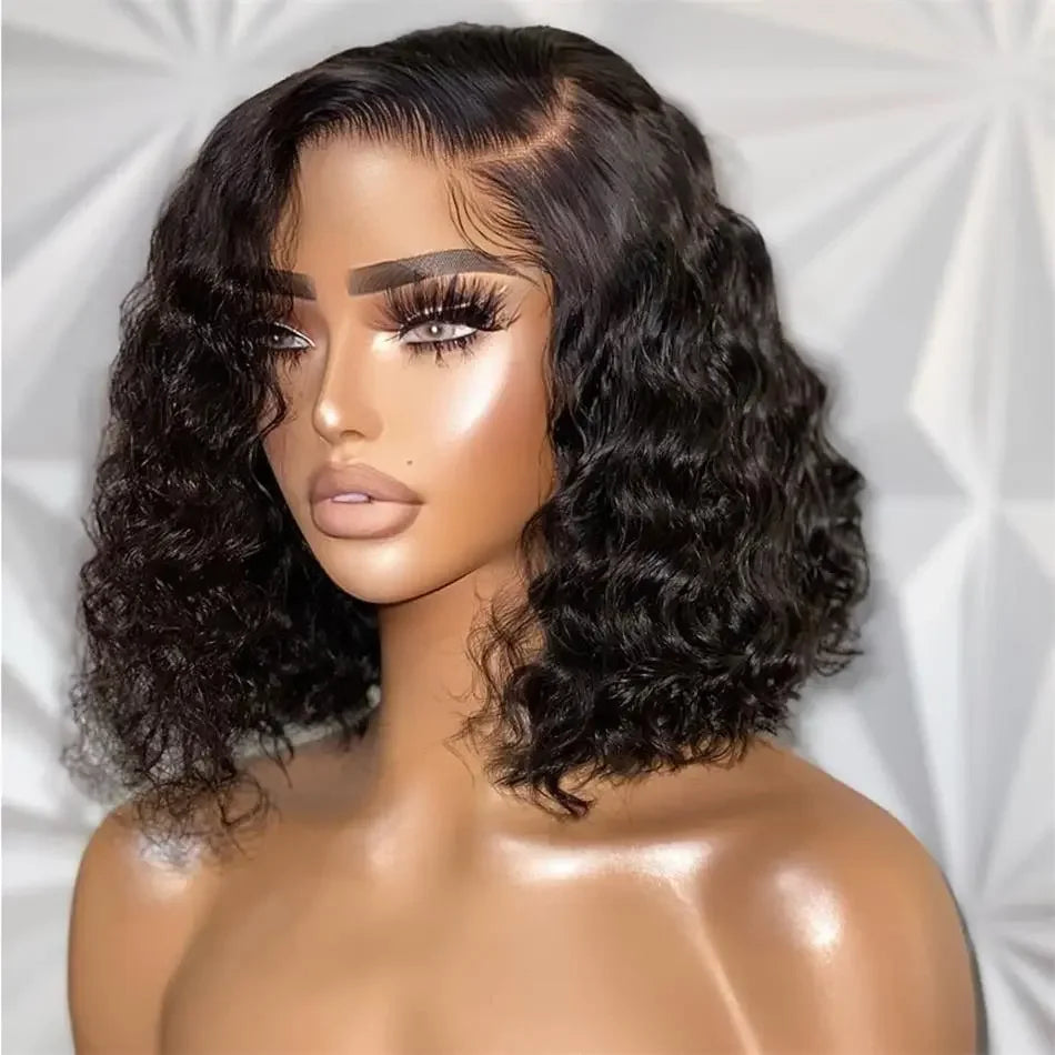 Brazilian Deep Curly Human Hair Wigs Pre Plucked Transparent 13x4 Lace Frontal Wig Remy Hair Deep Wave Short Bob Wig