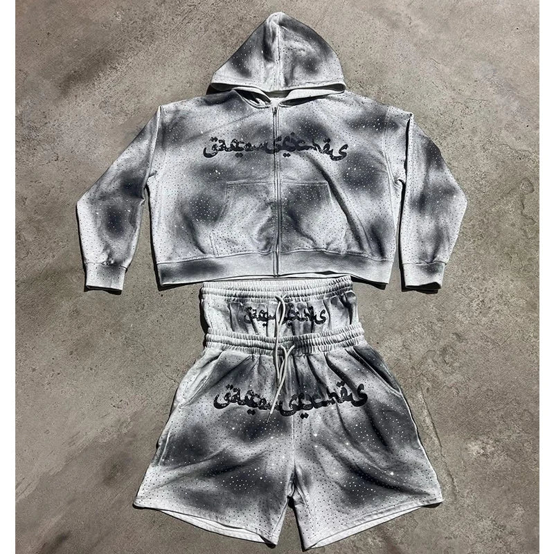 Custom Unisex Sweatsuits Cotton Jogger Suits 2 Piece Set Patchwork Windbreaker Plain Baggy Tracksuits for Men Hoodie Short Set