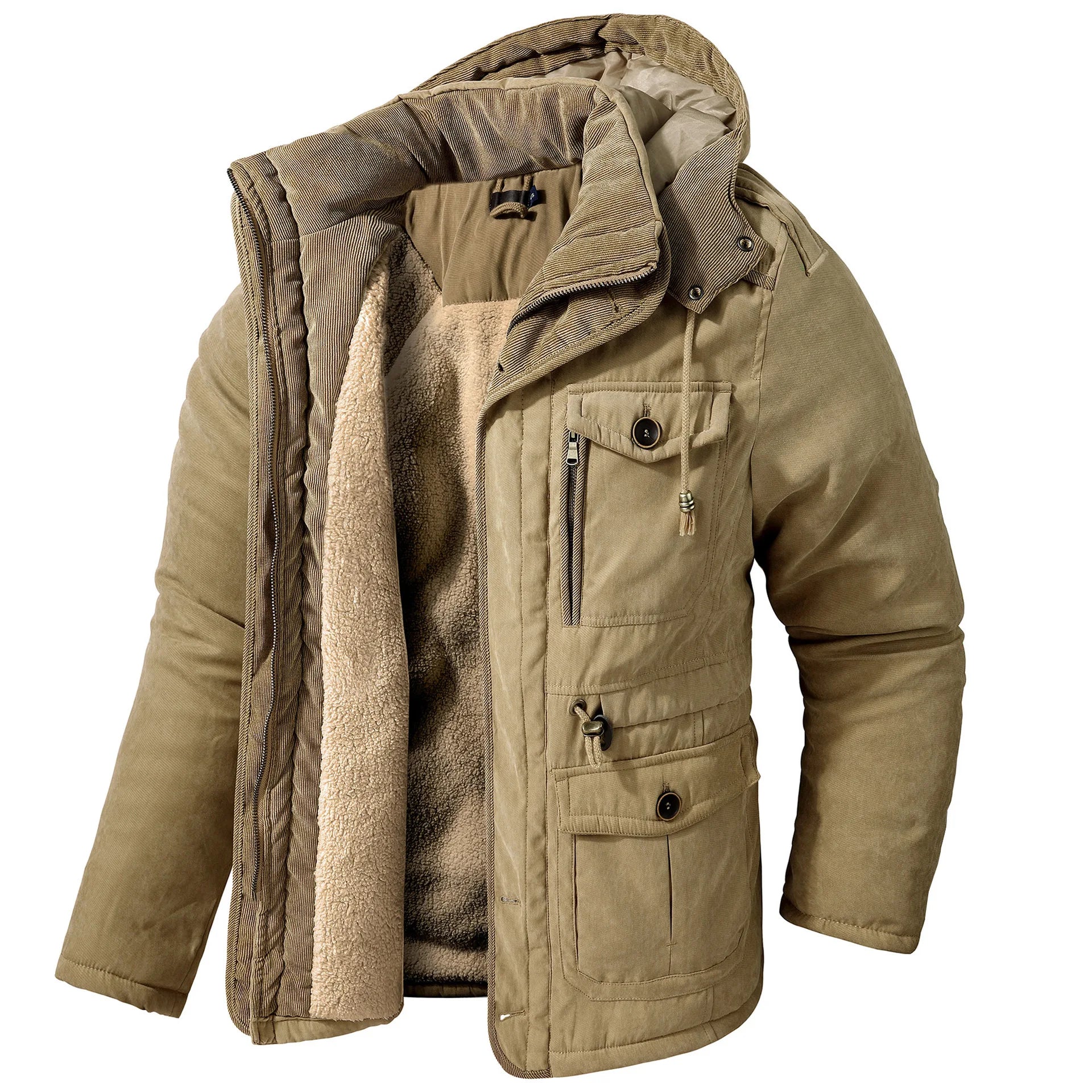 US Size Men's Plus Size Hooded Fleece Warm Winter Jacket with Multiple Pockets Casual Jacket Warm and Comfortable