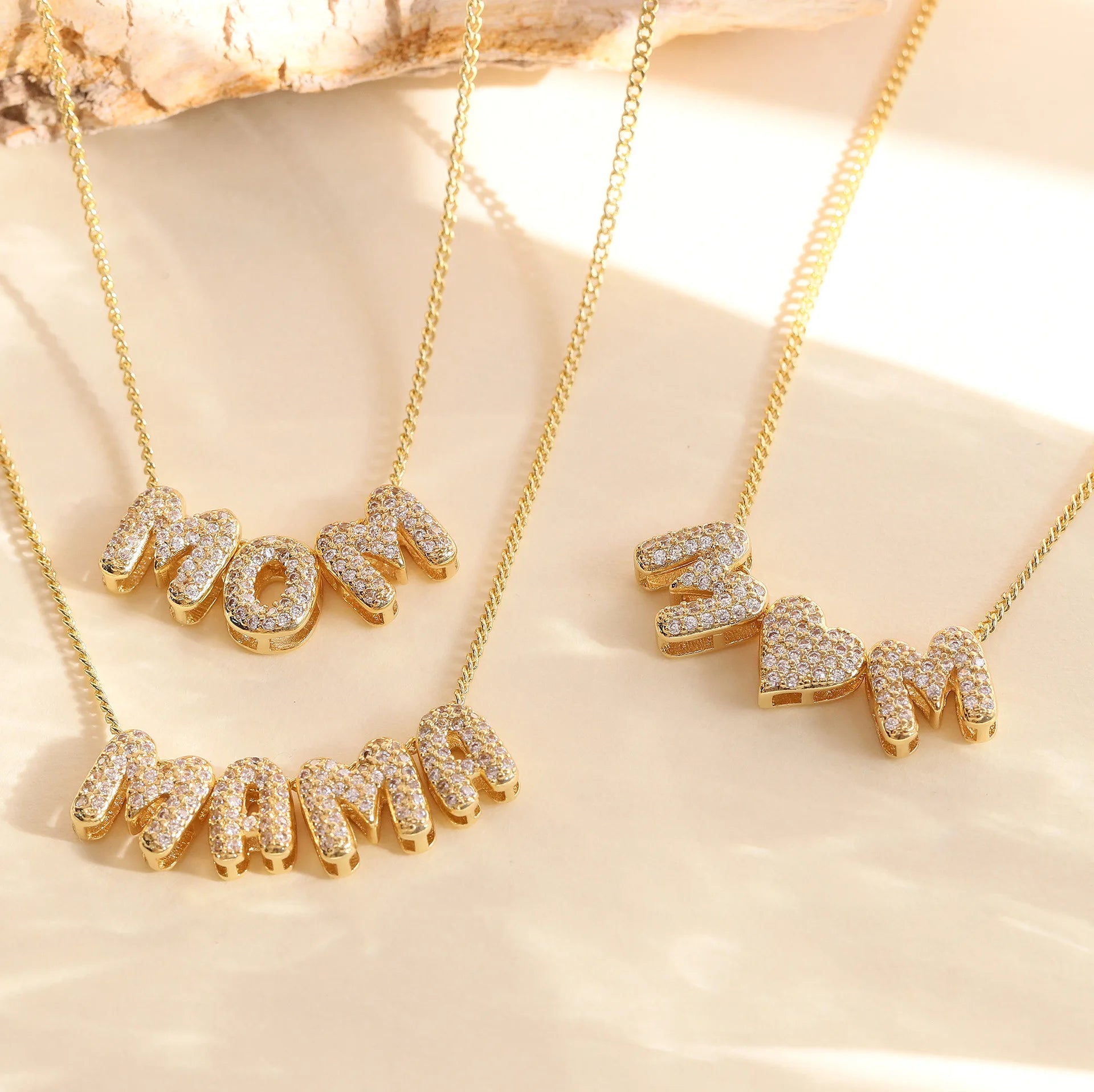 Tiny Cute Bubble Initial MAMA Necklace Personalized Brass Zircon Heart Pendant Necklace