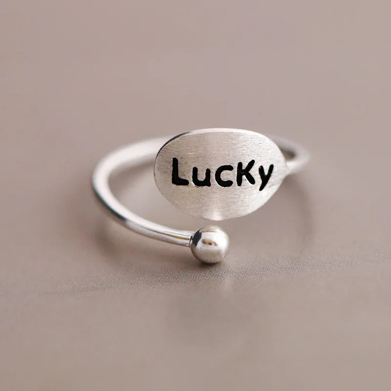 S925 Sterling Silver Luck Open Ring Matte Drawing Fashion English Lettering Good Lucky Ring Jewelry Gift for Women