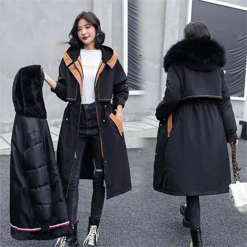 M-3XL Large Fleece Collar Over Knee Thickened Cotton Women's Extended Loose Cotton Coat Lined With Velvet Windbreaker