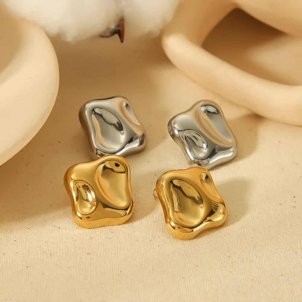 Waterproof Stainless Steel Geometric Metal Unusual Square Stud Earrings for Women Attractive Stylish Daily Statement Jewelry