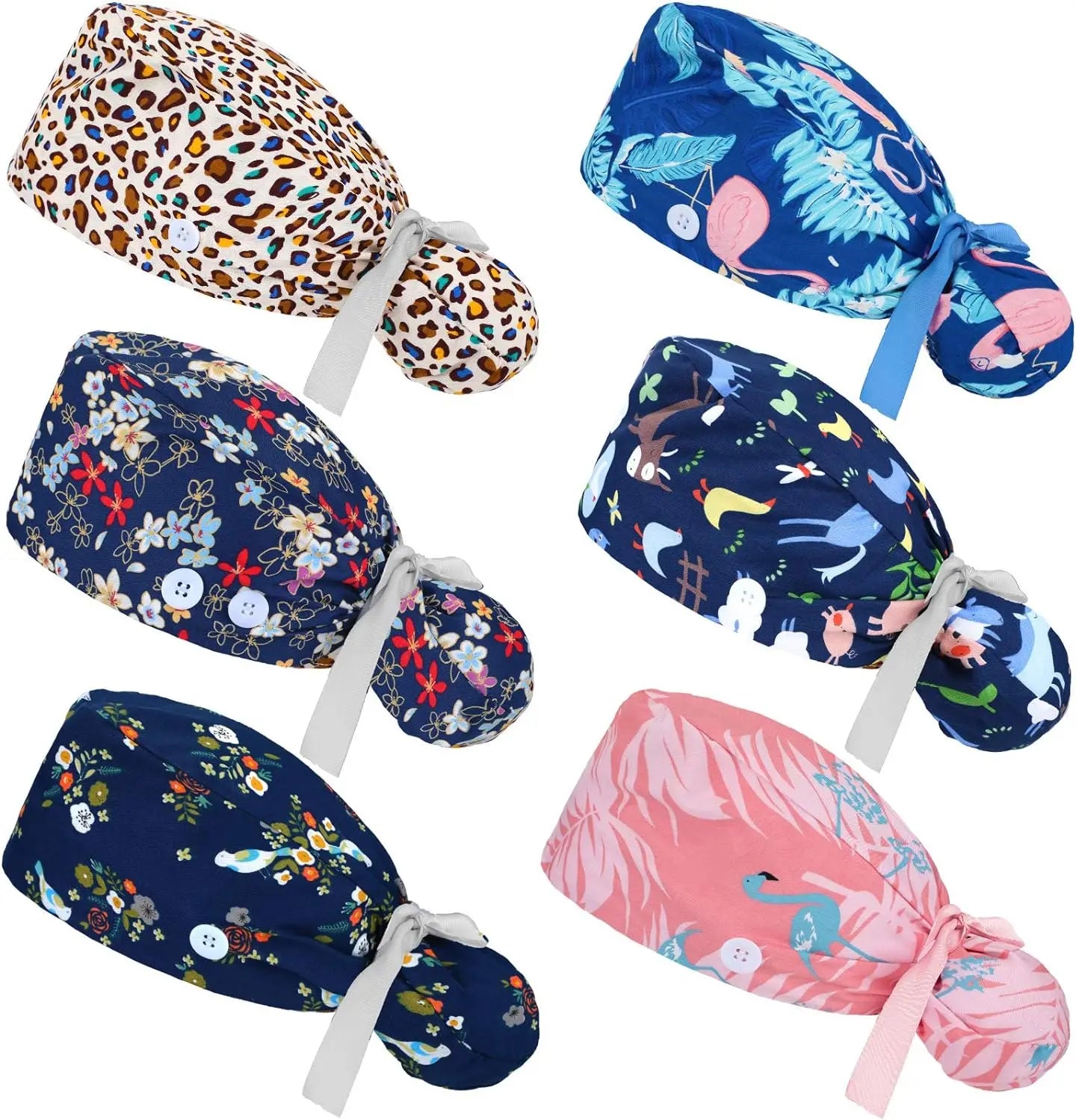 Working Cap with Button and Sweatband Adjustable Tie Back Bouffant Hats Printed Multi Color for Woman Man