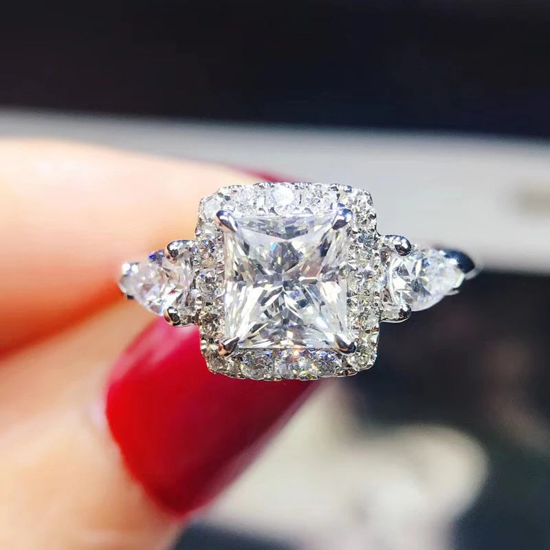 Huitan New Beautiful Pure Anillos Princess Cut Zircon Square Rings Lady Girls Silver Women Romantic Wedding Rings