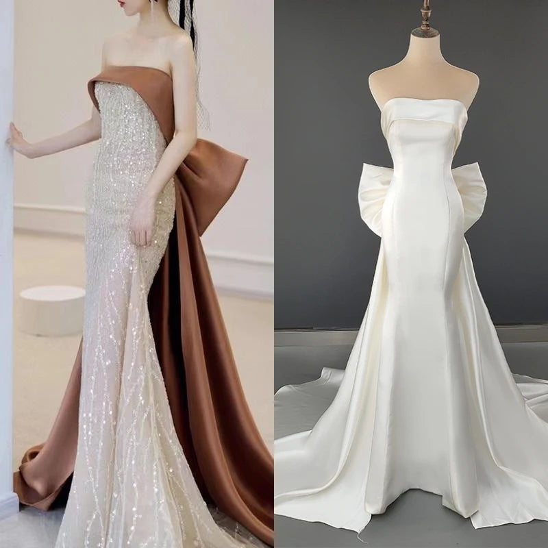 14482# Real Photos Strapless Wedding Gown Dress  for Birthday Party Women Prom Evening Dresses With Detachable Big Bow Train