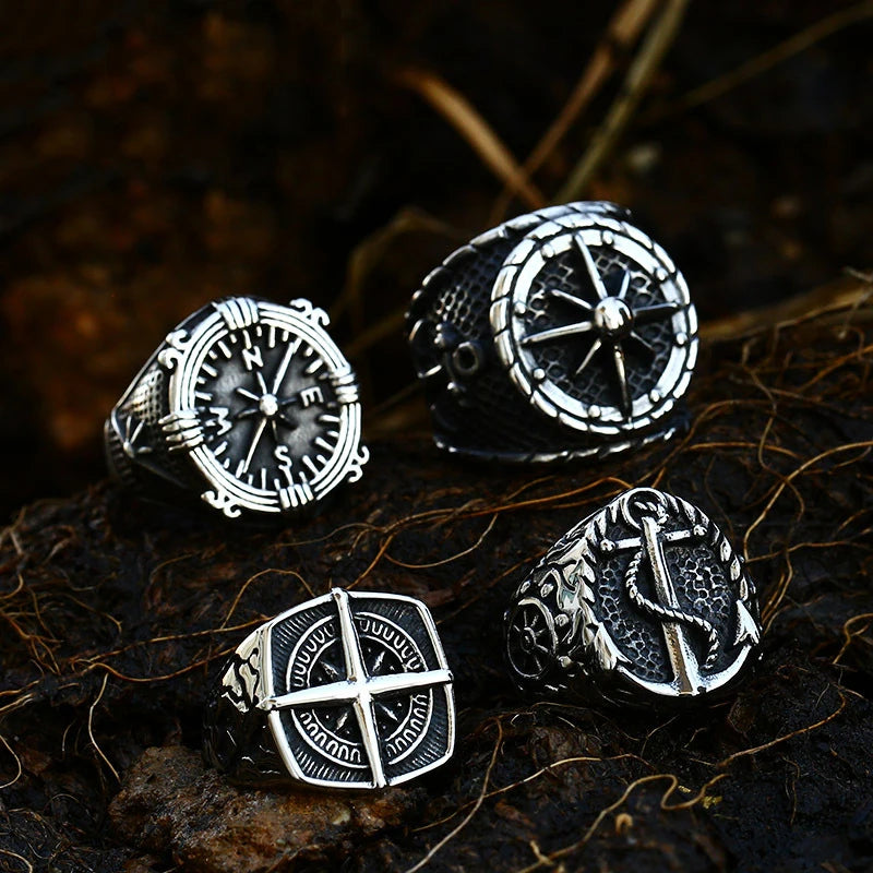 OAHLAN Wholesale Fashion Jewelry Vintage Compass Cast Ship Anchor Titanium Stainless Steel Rings for Men