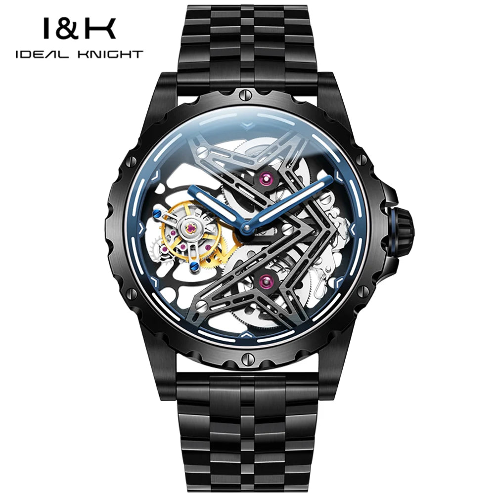 Ideal Knight  6803 Odm Custom Watch logo Stainless Steel  Hollow Skeleton Automatic Tourbillon Movement  Mens Wrist Watch