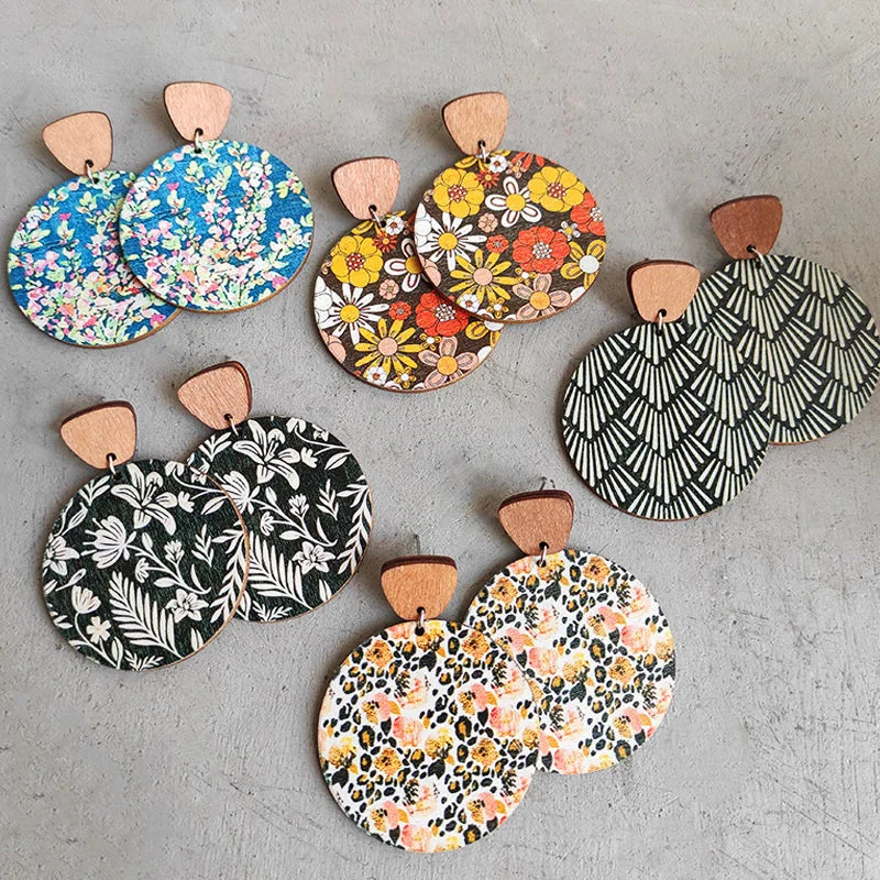 Bohemian Colorful Flower Earrings Antique Wooden Floral Stripe Pendant Earrings Jewelry Women Gifts